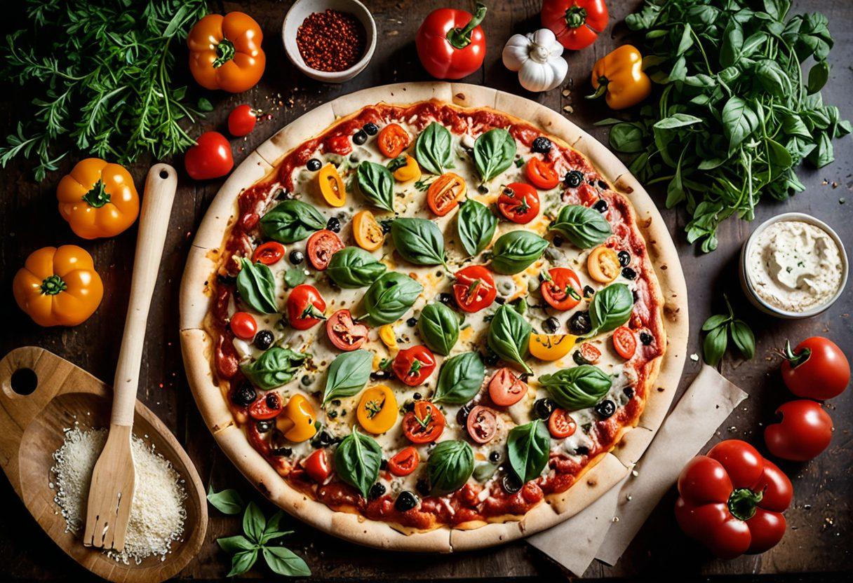 A rustic wooden table set with a freshly baked pizza topped with vibrant greens, ripe tomatoes, and colorful bell peppers. A background of fresh herbs, a rolling pin, and a variety of ingredients like flour and cheeses captures the essence of cooking with fresh ingredients. Soft, natural lighting enhances the textures of the toppings. Ideal for food enthusiasts and home cooks. super-realistic. warm colors. 3D.