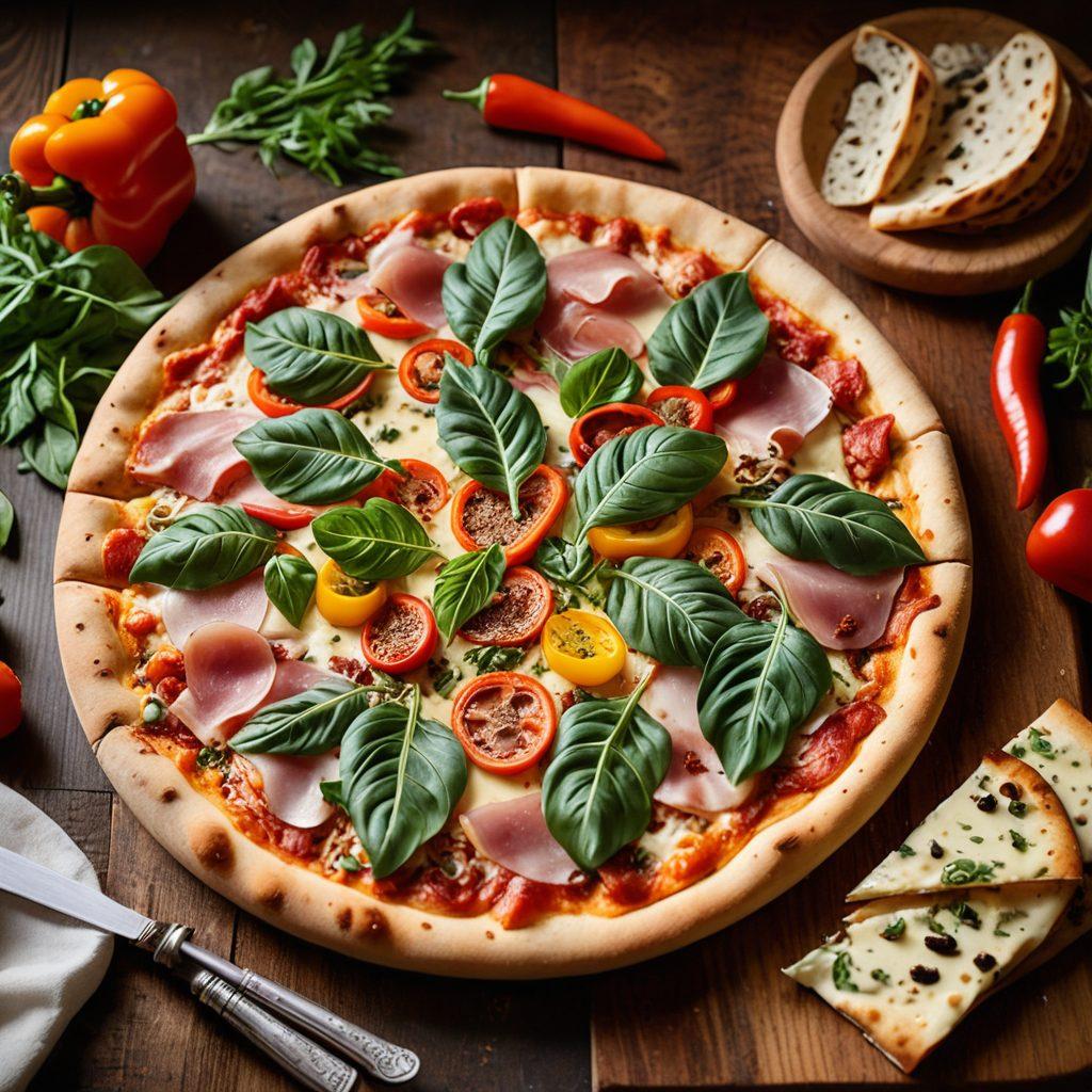 A mouth-watering gourmet pizza featuring a variety of toppings like arugula, prosciutto, and truffle oil, artistically sliced and placed on a rustic wooden table. Surrounding the pizza are fresh ingredients, such as colorful peppers, basil leaves, and a sprinkle of cheese, enhancing the sensory appeal. The warm cozy ambiance of a local pizzeria serves as the backdrop with warm lighting creating an inviting atmosphere. super-realistic. vibrant colors. cozy ambiance.