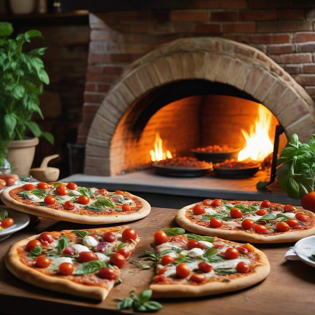 A vibrant, rustic pizzeria scene with a wood-fired oven, golden crust pizzas topped with fresh ingredients, and a variety of colorful toppings spread across a sturdy wooden table. Chefs are happily preparing dishes while customers enjoy their meals under warm, inviting lighting. Elements of delicious herbs, spices, and pizza slices scattered creatively around the image enhance the ambiance. A cozy atmosphere with a touch of Italian charm. super-realistic. vibrant colors. rustic style.